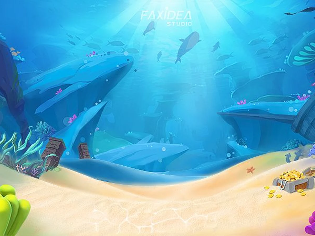 ภาพเกมยิงปลาธีมใต้ทะเลพร้อมปืนยิงและฝูงปลา